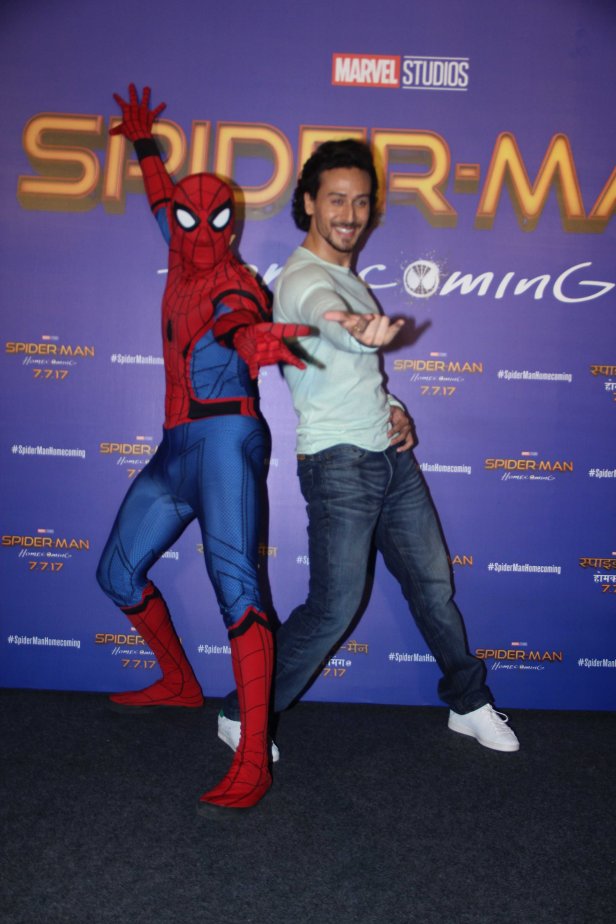 Tiger Shroff striking a pose with Spider-Man