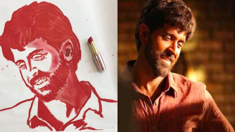 Hrithik Roshan's portrait made with red lipstick, Hrithik Roshan's look frm Super 30