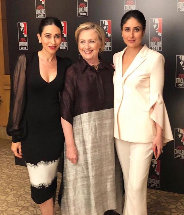 Kareena Kapoor Khan and Karisma Kapoor with Hillary Clinton at India Today Conclave 2018