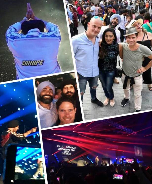 Alex Reece with friends at Diljit Dosanjh's musical concert in London
