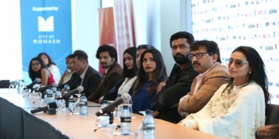 All the guests at the conference of IFFM 2018- Rani Mukharji, Abhijat Joshi, Vicky Kaushal, Freida Pinto, Mrunal Thakur, Ali Fazal and Richa Chadha