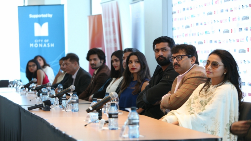 All the guests at the conference of IFFM 2018- Rani Mukharji, Abhijat Joshi, Vicky Kaushal, Freida Pinto, Mrunal Thakur, Ali Fazal and Richa Chadha