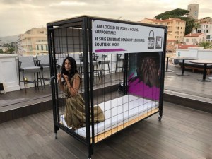 Mallika Sherawat locks herself in a cage as part of the Lock-Me-Up campaign at Cannes 2018