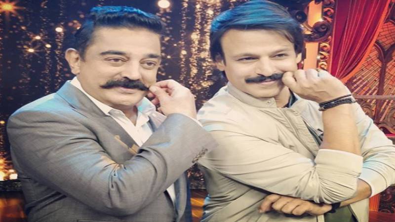 Vivek Anand Oberoi with Kamal Haasan on sets of India's Best Dramebaaz