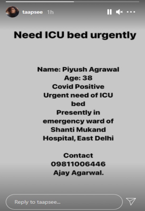 Taapsee Pannu sending Covid 19 Emergency messages