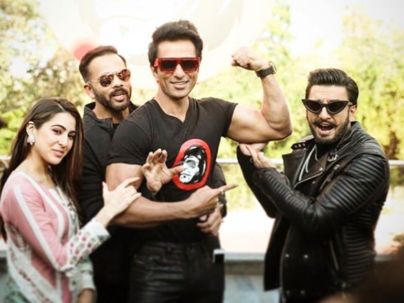 Sara Ali Khan, Rohit Shetty, Sonu Sood and Ranveer Singh during promotions of Simmba