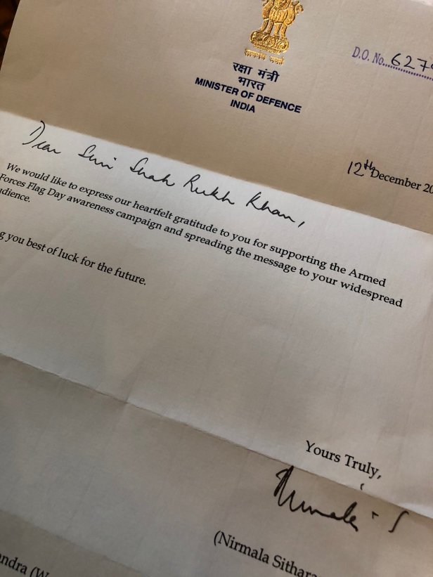 Defence Minister's letter to Shah Rukh Khan 