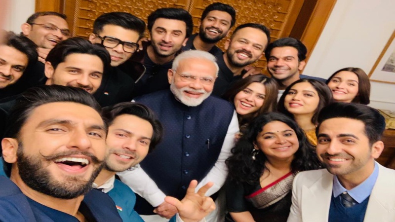 Young B'town actors with PM Narendra Modi - Karan Johar, Mahavir Jain, Rohit Shetty, Ranbir Kapoor, Varun Dhawan, Ranveer Singh, Alia Bhatt, Rajkummar Rao, Vicky Kaushal, Ayushmann Khurrana, Bhumi Pednekar, Ashwiny Iyer, Sidharth Malhotra, Ekta Kapoor