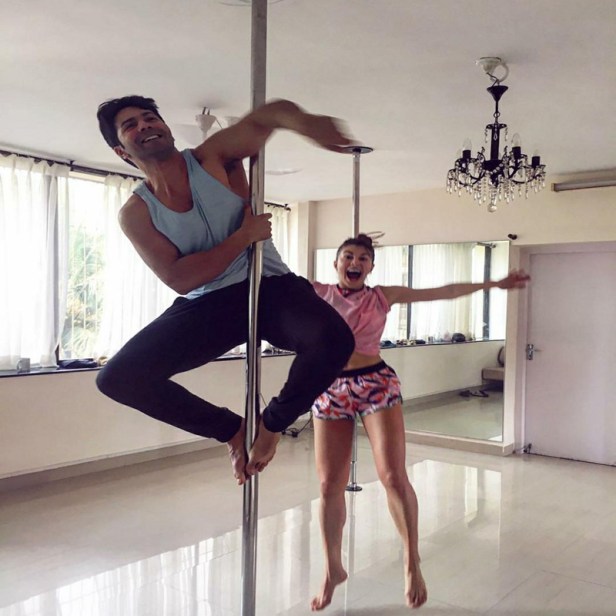 Jacqueline Fernandez teaching Varun Dhawan Pole Dancing