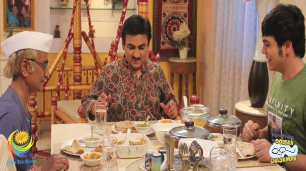 Dilip Joshi as Jethalal with his on screen Father and son