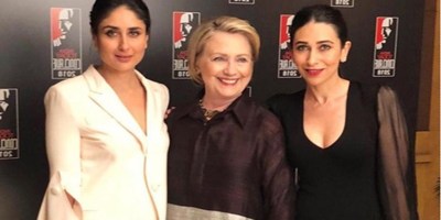 Kareena Kapoor Khan and Karisma Kapoor with Hillary Clinton at India Today Conclave 2018
