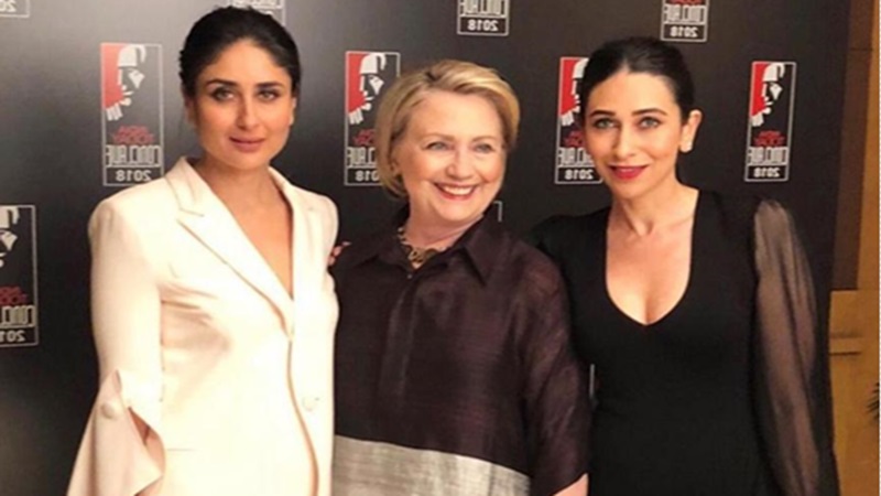 Kareena Kapoor Khan and Karisma Kapoor with Hillary Clinton at India Today Conclave 2018