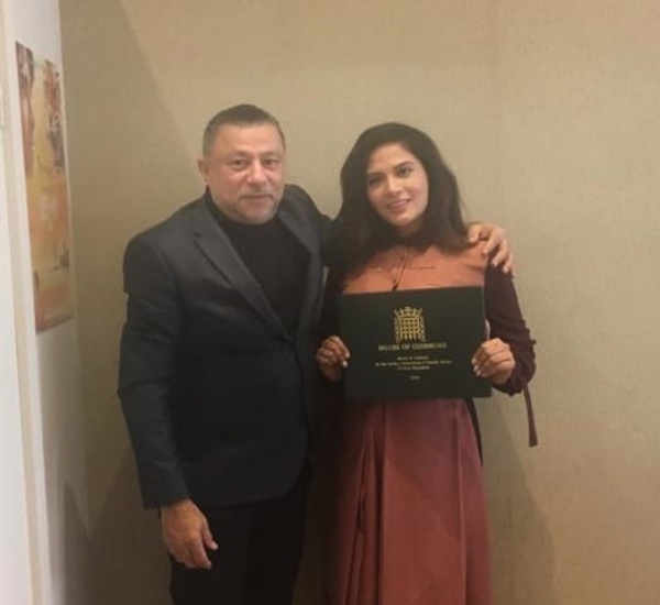 Richa Chadha with Nic Careem, the founder of the House of Commons book of Tribute to The late Nelson Mandela