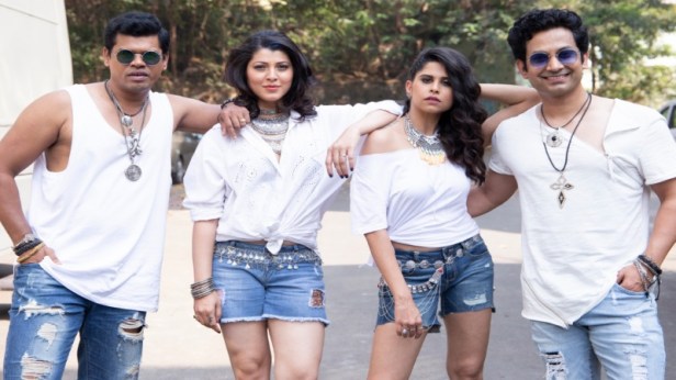 Siddharth Jadhav, Tejaswini Pandit, Sai Tamhnakar and Umesh Kamat while shooting Luckee title song