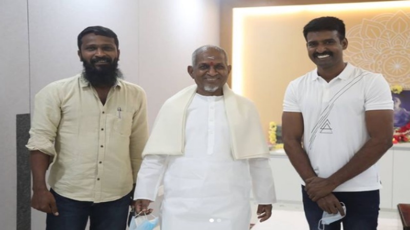 Ilaiyaraaja, Vetri Maaran and Actor Soori during song recording of VIDUTHALAI