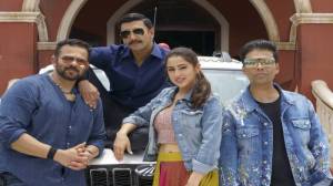Rohit Shetty, Ranveer Singh, Sara Ali Khan and Karan Johar on sets of Simmba